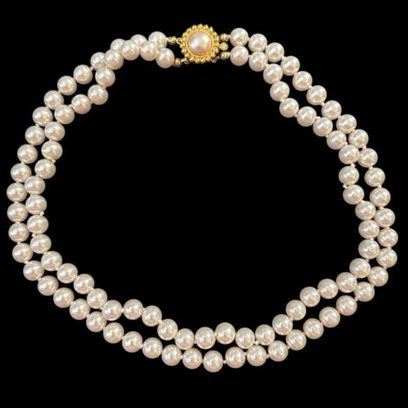 Elegant Vintage Silk Strung Double Strand Glass Pearl Necklace Gold Plated Clasp - Picture 1 of 8